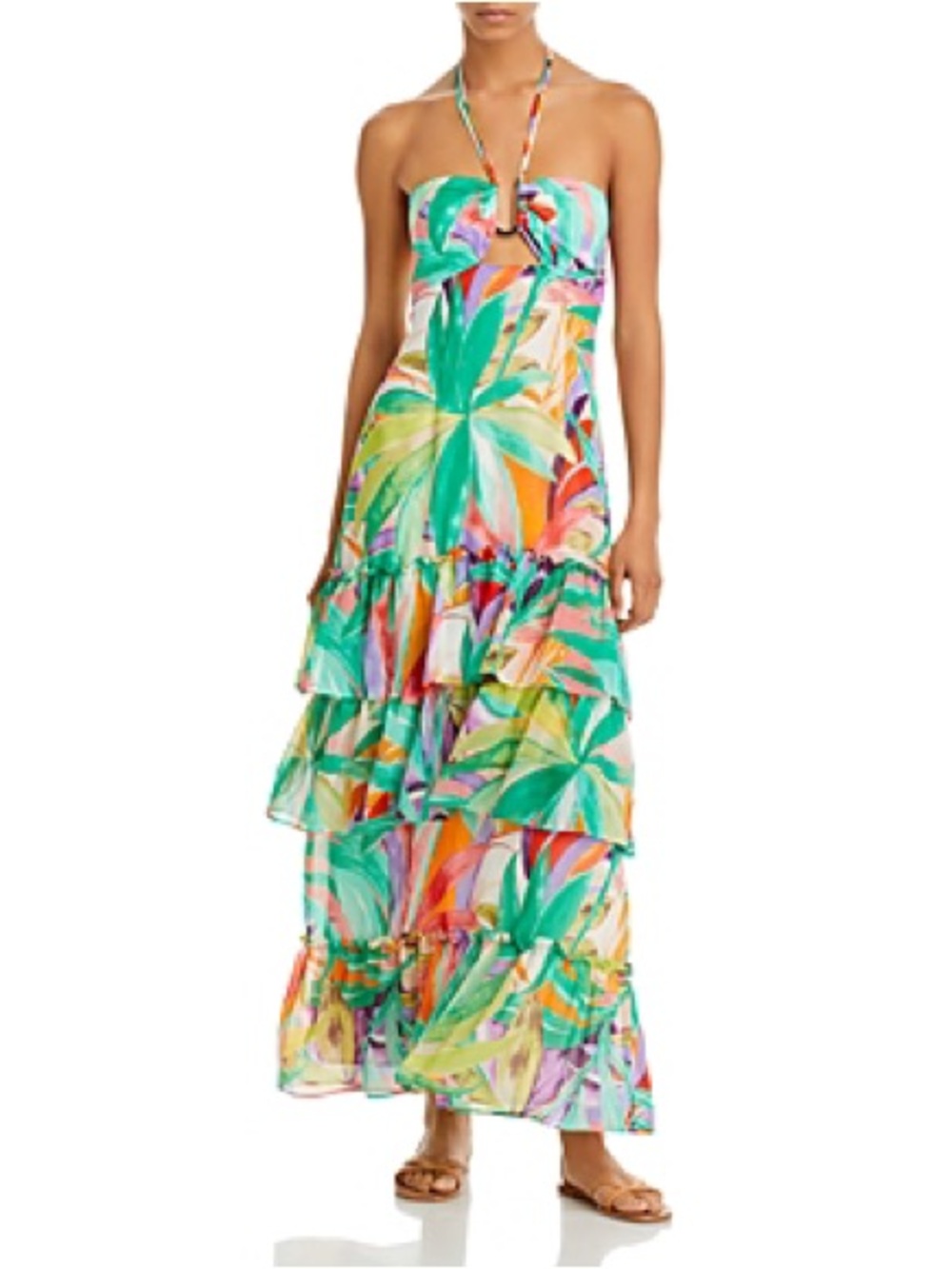 Wayf Tropical Print Strapless Maxi Dress in Green, Turquoise, Orange